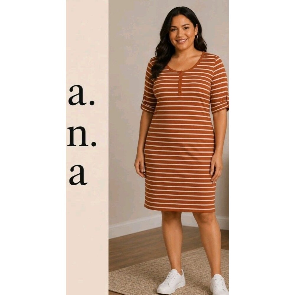 NWT a.n.a Womens XL Casual Henley Rib-knit Striped Burnt Orange T-Shirt Dress